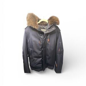 Mens Andrew Marc Dark Blue Puffer Jacket with Brown Fur Trim